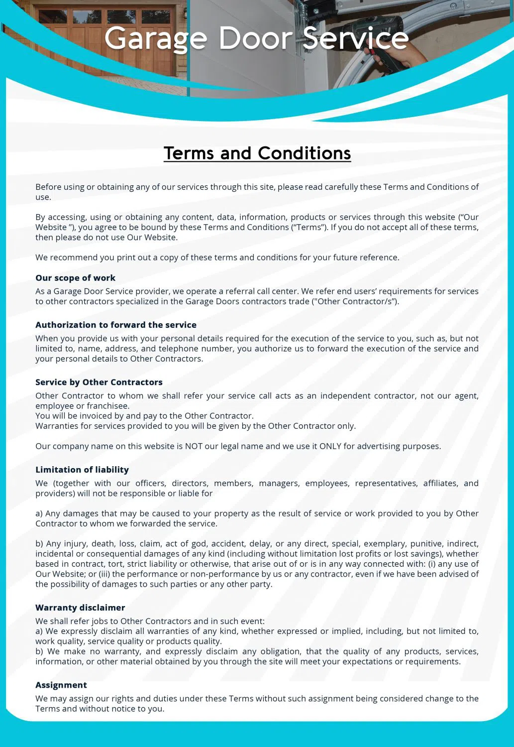 Terms and Conditions Capitol Garage Door Repair Service